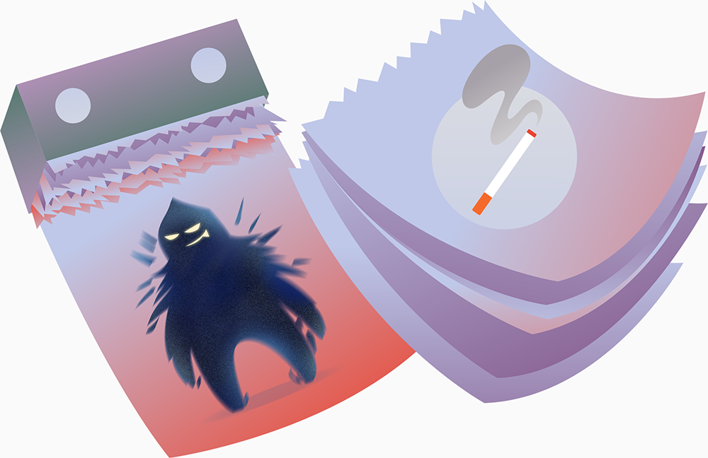 Ein Kalender bei dem am Ende das Suchtmonster steht. Mit Klick wird das Bild vergrößert.