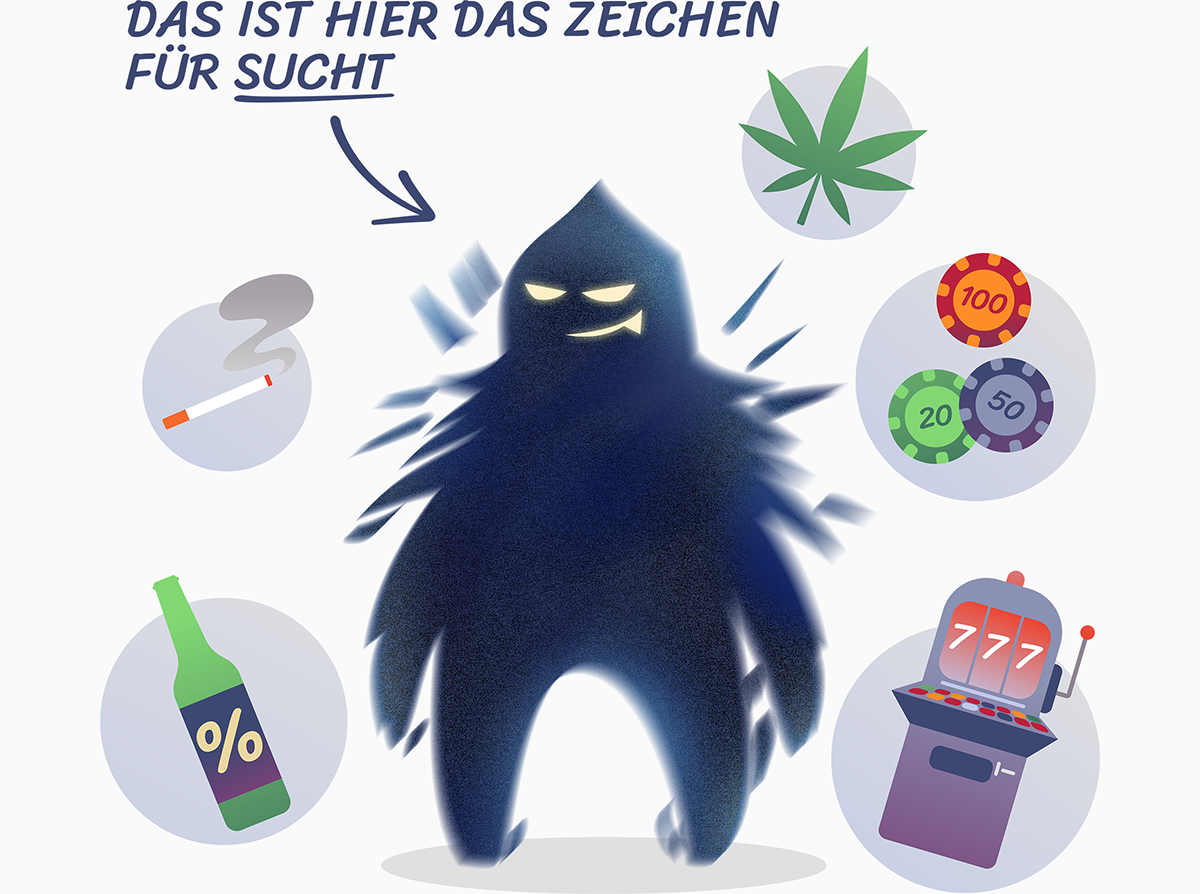 Ein dunkelblaues Monster, dass für Sucht steht, umringt von Suchtmitteln. Mit Klick wird das Bild vergrößert.