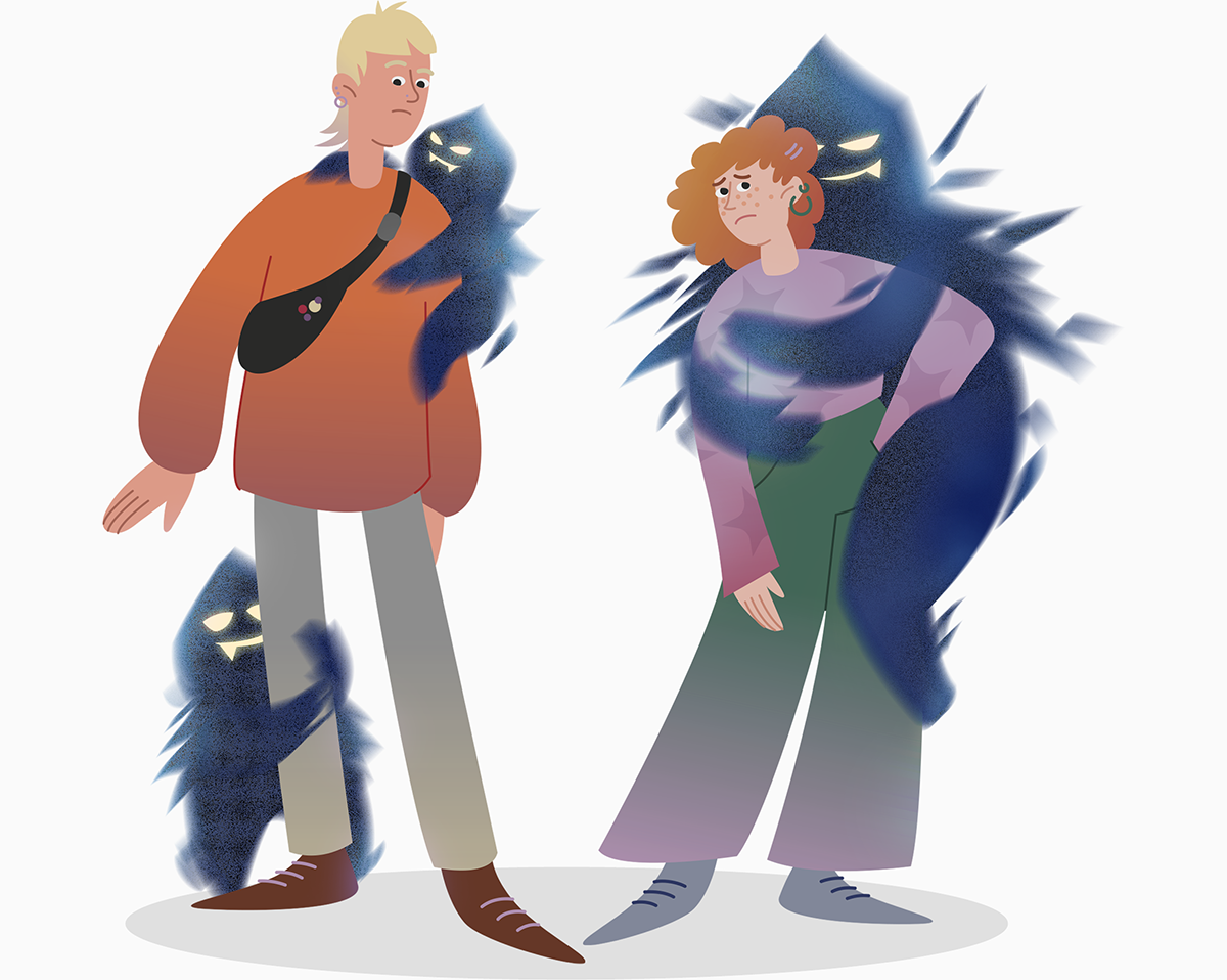 Ein Mann und eine Frau werden vom Suchtmonster umklammert. Mit Klick wird das Bild vergrößert.