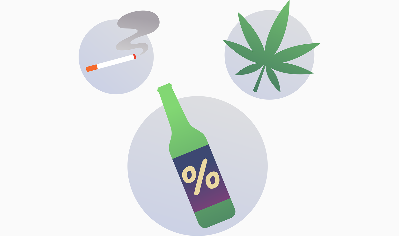 eine Flasche mit Alkohol und eine Zigarette und ein Hanfblatt. Mit Klick wird das Bild vergrößert.