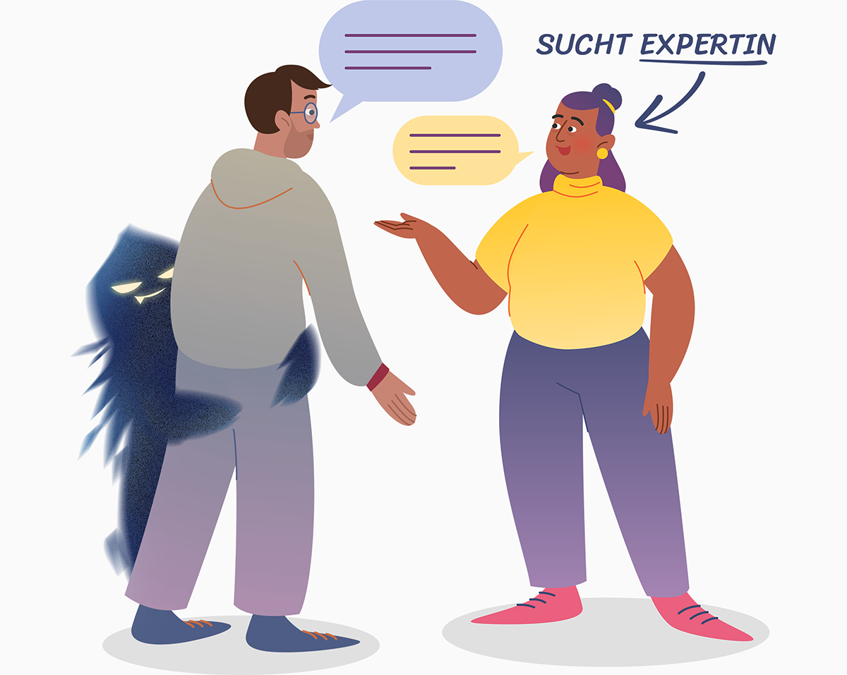 Ein Mann ist umklammert vom Suchtmonster und spricht mit einer Suchtexpertin. Mit Klick wird das Bild vergrößert.