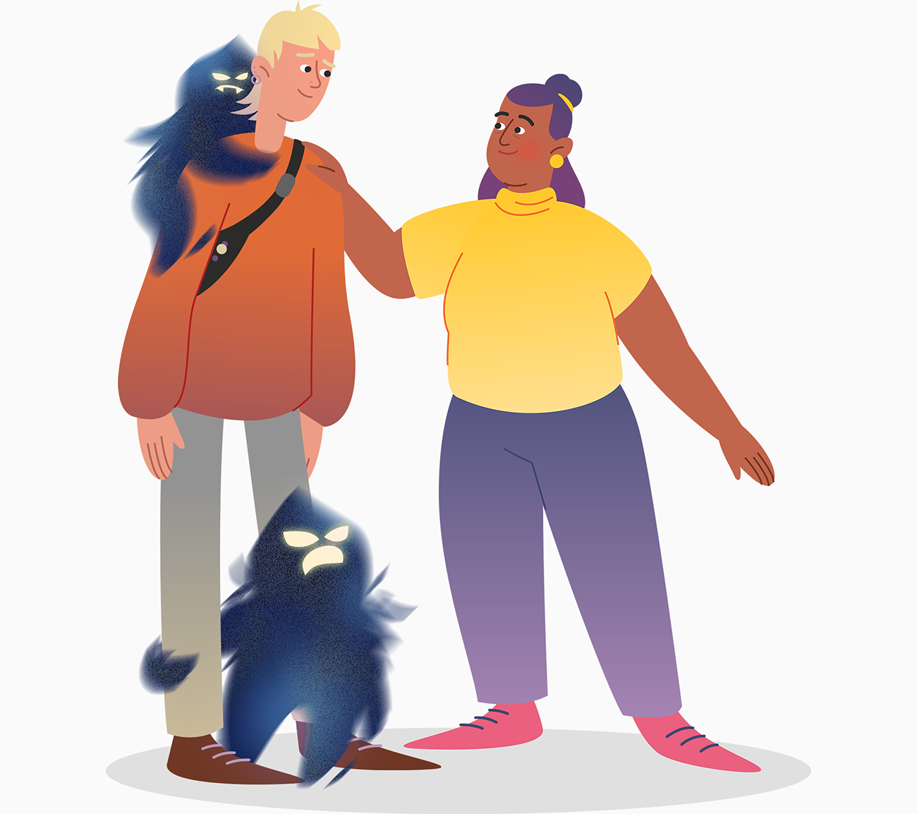 Ein Mann mit Suchtmonstern belastet wird von einer Frau unterstützt. Mit Klick wird das Bild vergrößert.