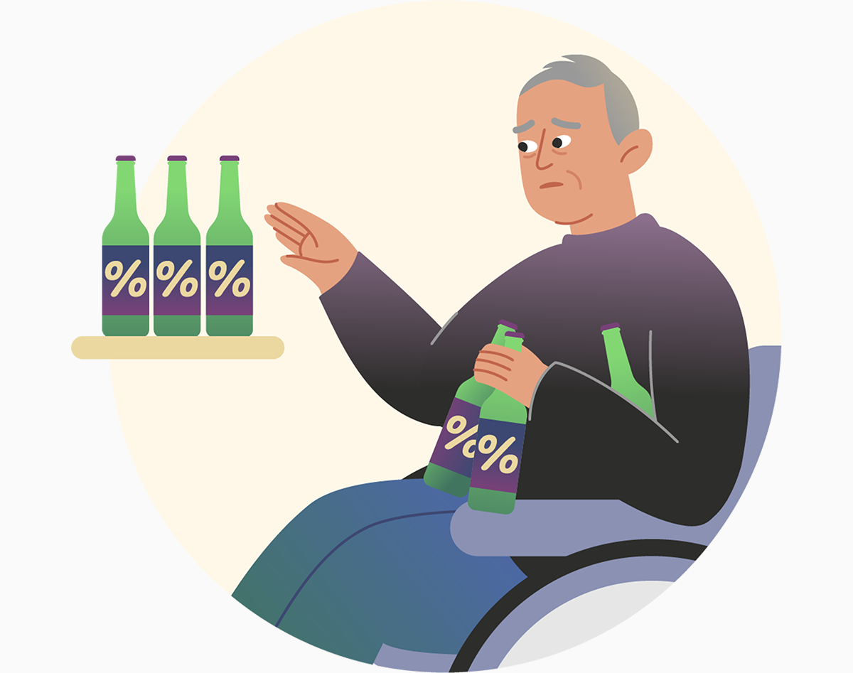 Ein Mann im Rollstuhl der mehrere Alkoholflaschen einsammelt. Mit Klick wird das Bild vergrößert.