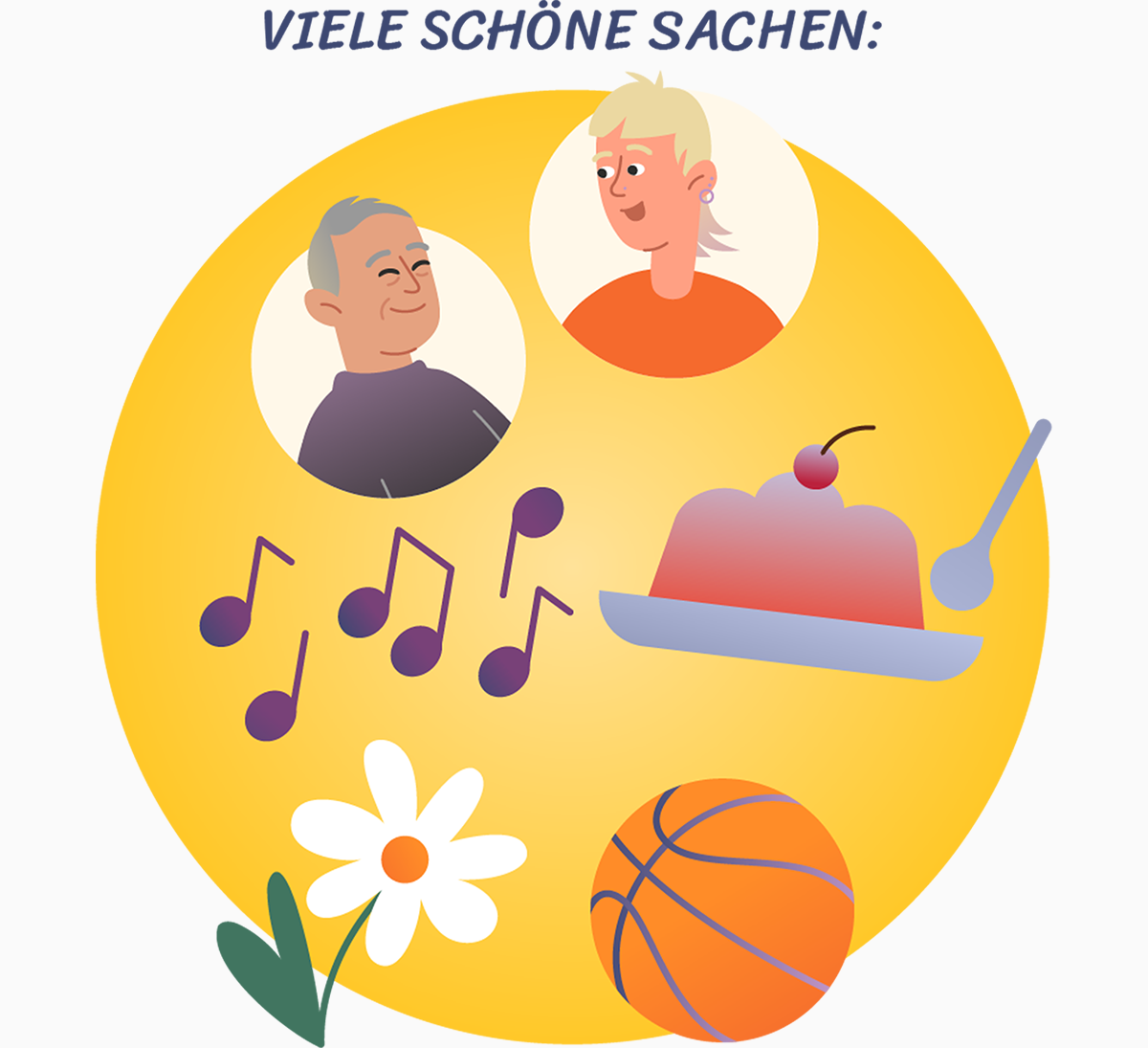 Glückliche Gesichter, Basketball, Blume, Musiknoten, Kuchen. Mit Klick wird das Bild vergrößert.