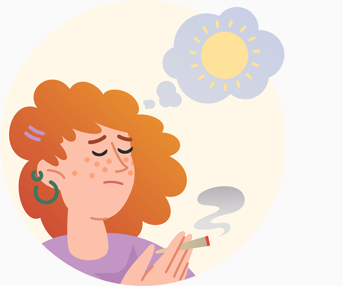 Eine Frau raucht einen Joint und denkt an die Sonne. Mit Klick wird das Bild vergrößert.