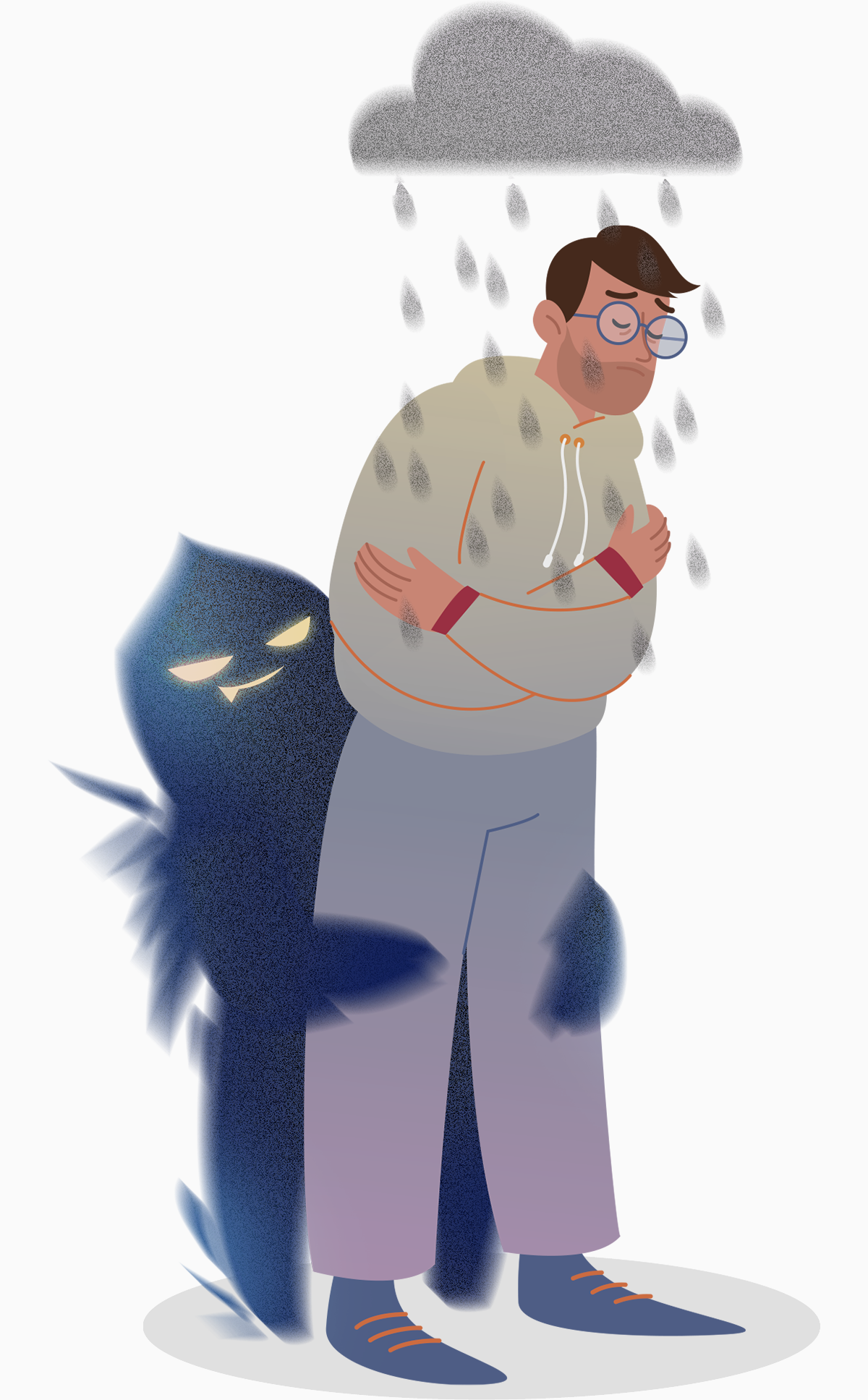 Ein Mann steht im Regen und das Suchtmonster umklammert ihn. Mit Klick wird das Bild vergrößert.