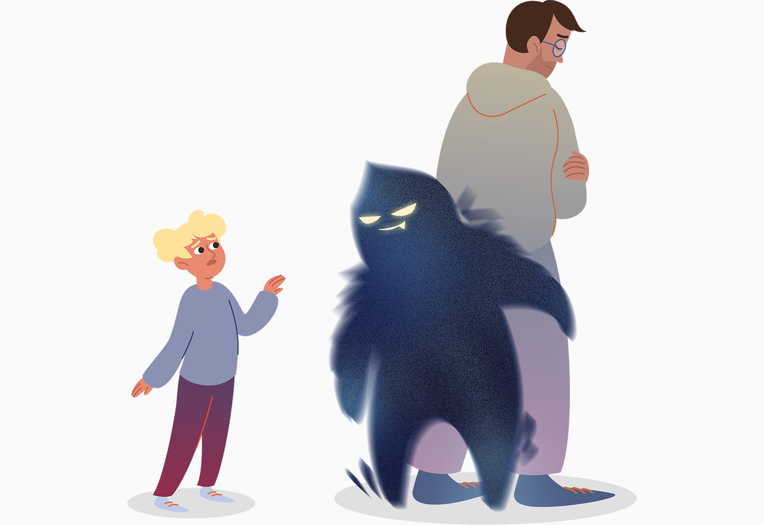 Das Suchtmonster stellt sich zwischen Vater und Sohn. Mit Klick wird das Bild vergrößert.