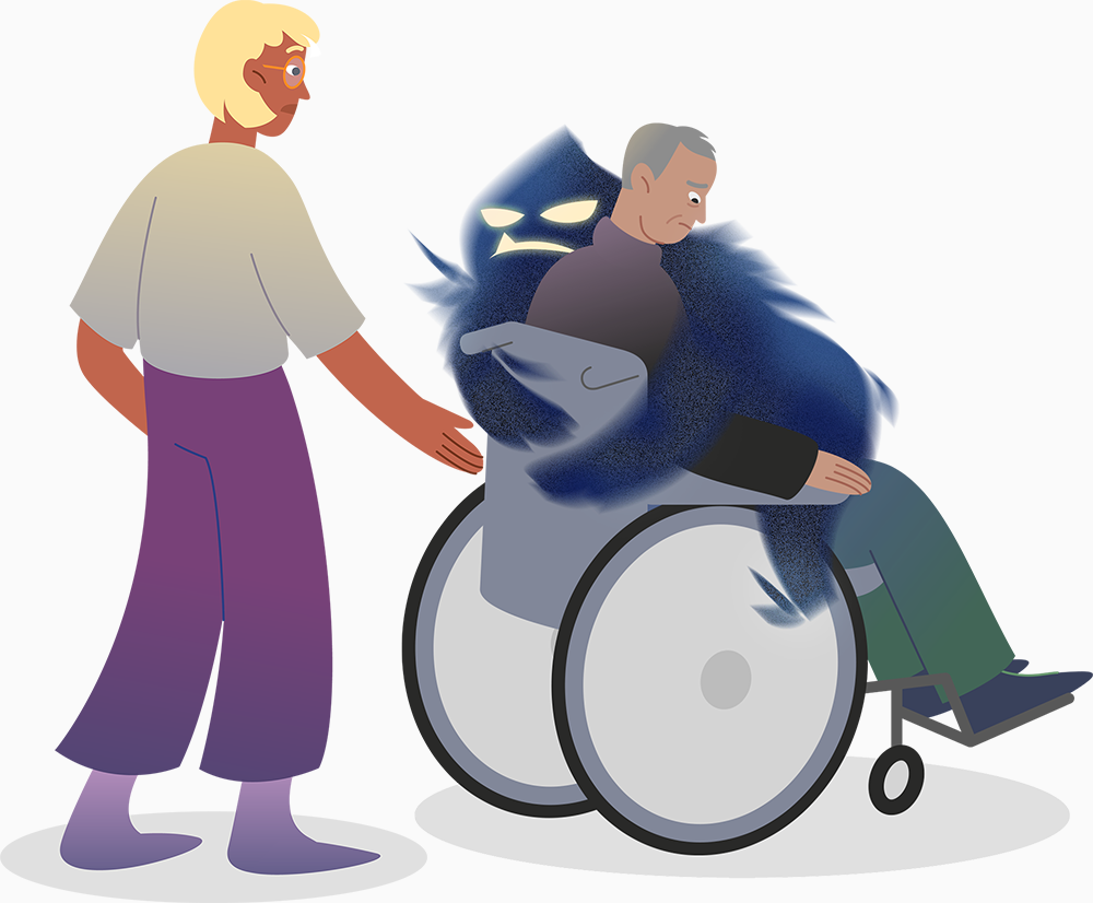 Das Suchtmonster nimmt einer Frau den Freund im Rollstuhl weg. Mit Klick wird das Bild vergrößert.