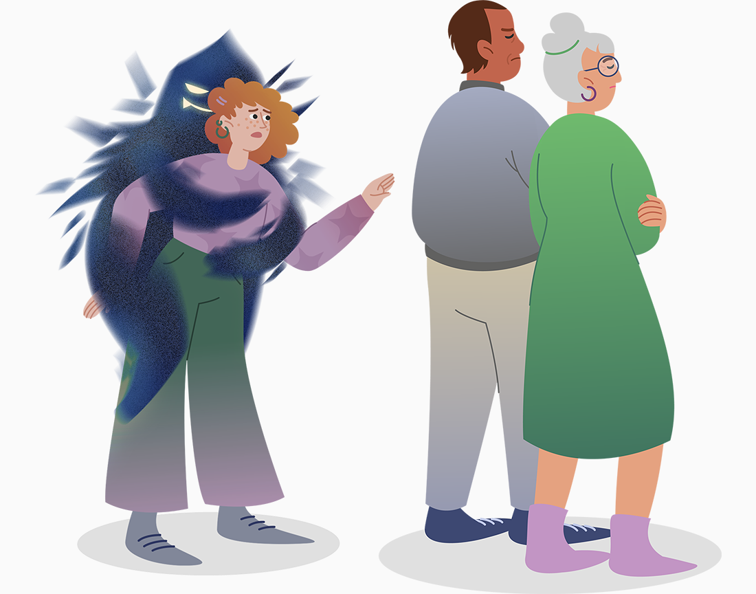 Menschen wenden sich von einer suchtkranken Frau ab. Mit Klick wird das Bild vergrößert.