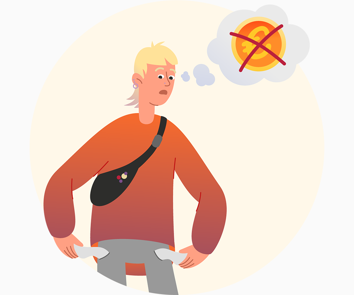 Ein Mann sieht seine leeren Hosentaschen und denkt sich, dass er kein Geld hat. Mit Klick wird das Bild vergrößert.